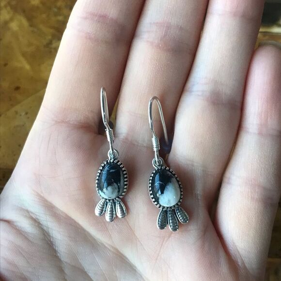 Natural White Buffalo Sterling Silver Feather Earrings - Picture 8 of 8